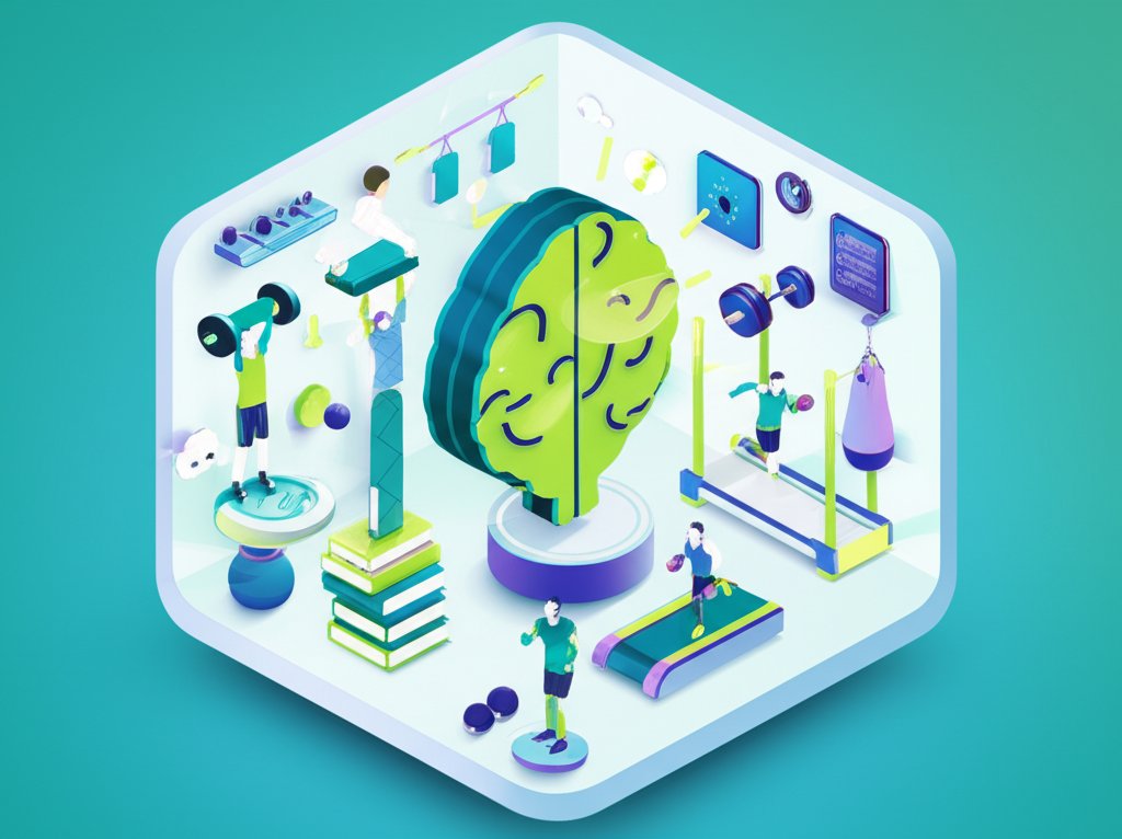 Brain working out in a mental gym, building an unstoppable mindset.