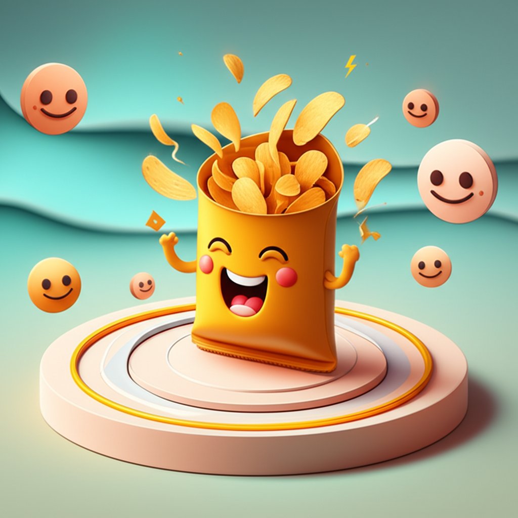 Joyful chuckle enhances the powerful delight of a crunchy snack.