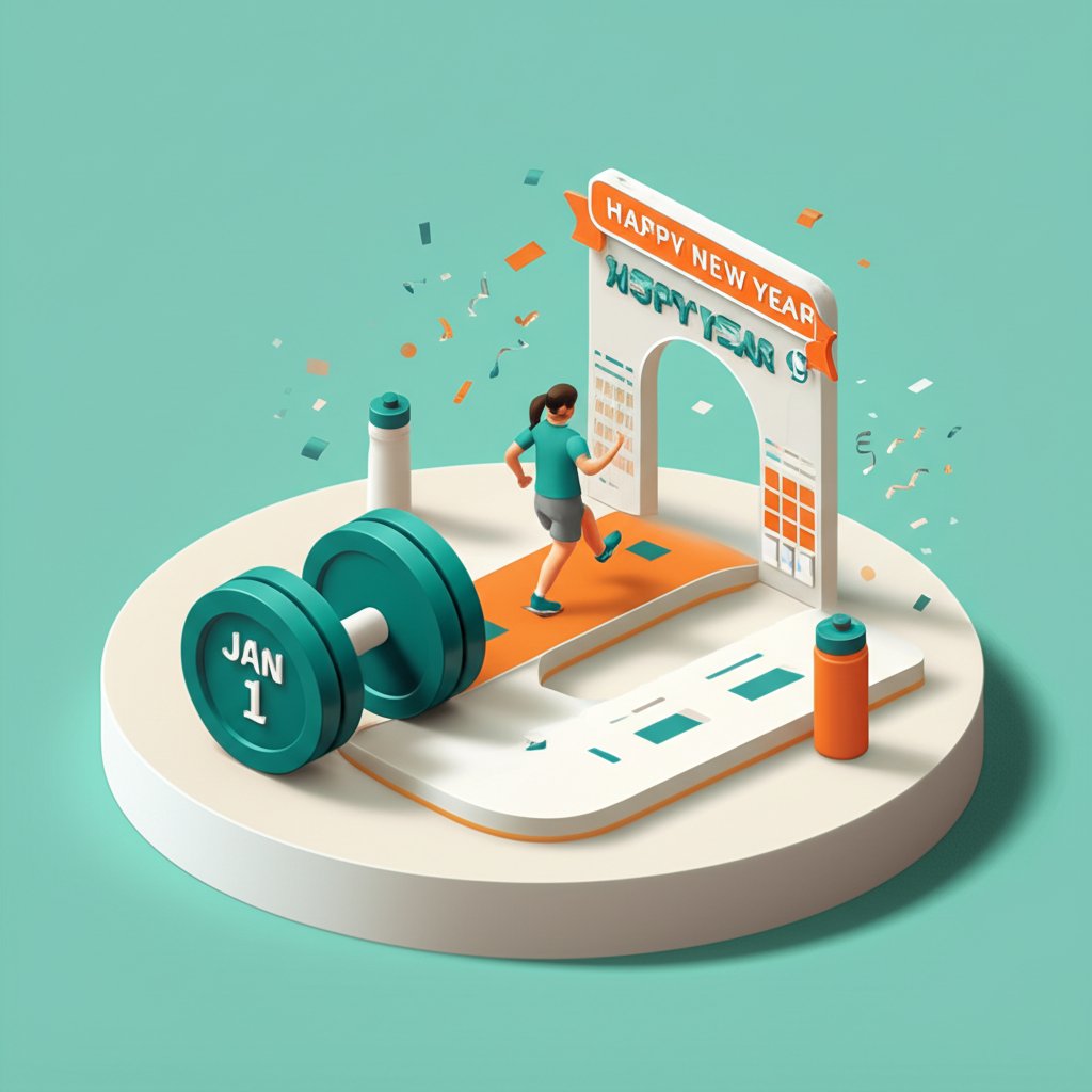 Happy New Year fitness start for lasting wellness and health goals.